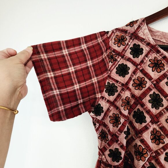 Vtg Embroidered Tie Dye Plaid Empire Waist Short Sleeve Maxi Dress Sz S Boho Y2K - Picture 8 of 16